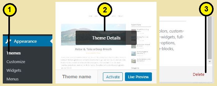 WordPress dashboard theme delete steps