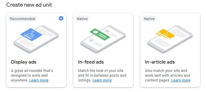 AdSense ad unit types in create new ad unit process