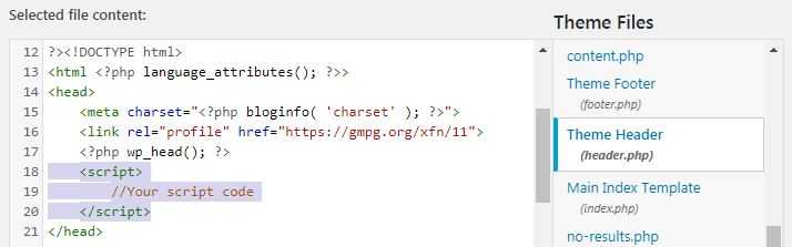 Manually add JavaScript code in WordPress header footer