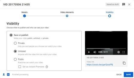 Upload unlisted YouTube video