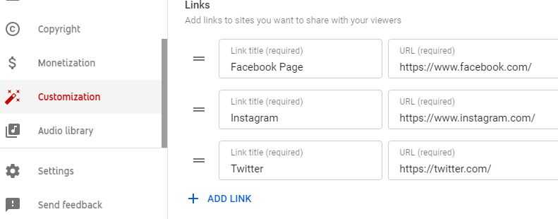 YouTube Studio - Add website or social page links in Channel basic info