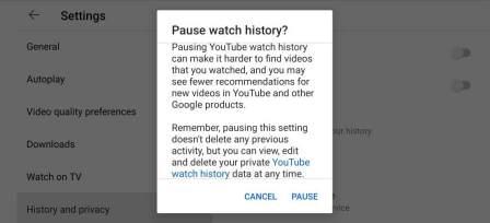 Pause Watch History on YouTube App