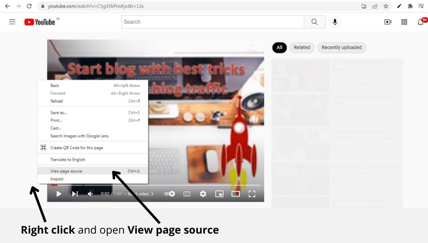 Find YouTube video category step - Open page source