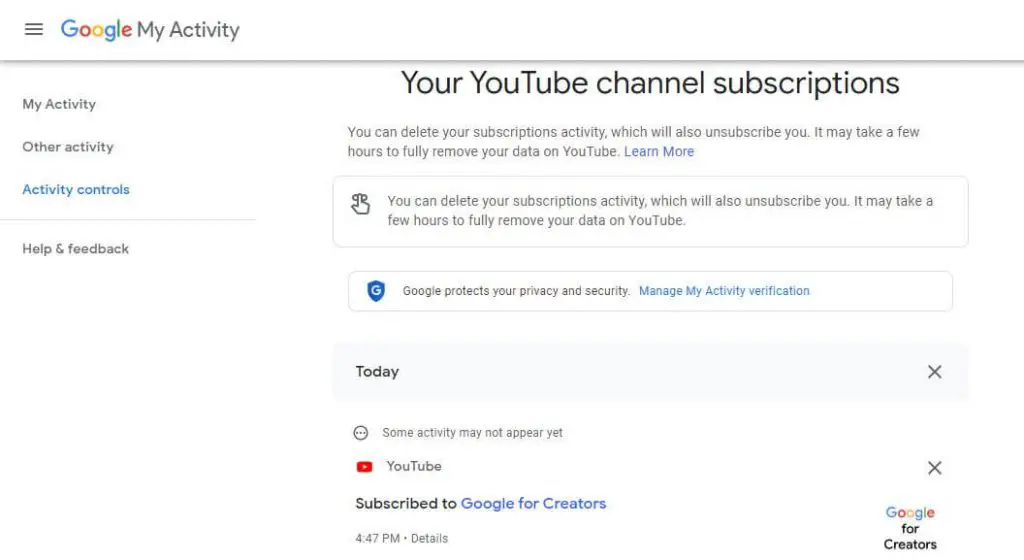 YouTube channel subscriptions history